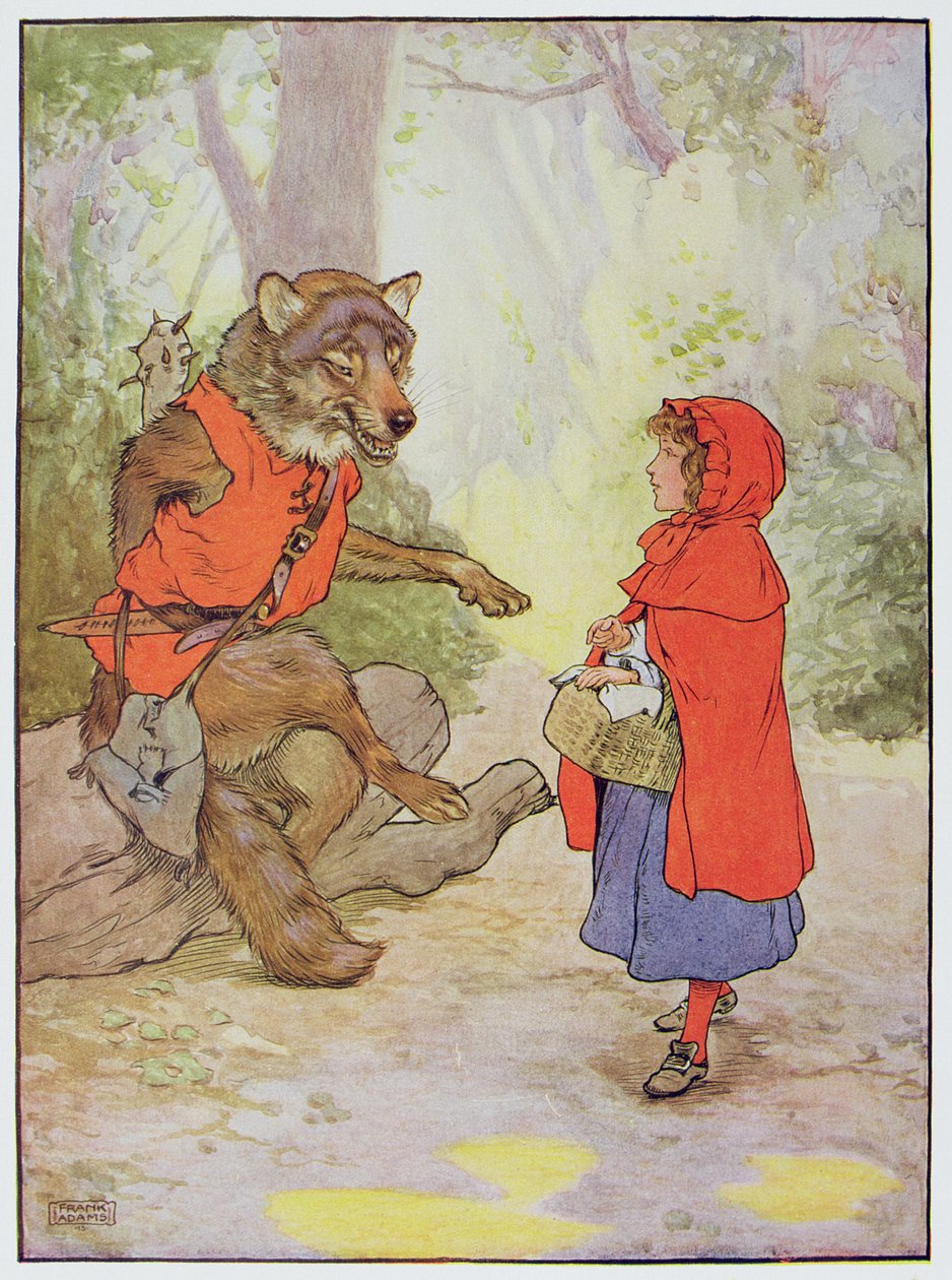 Piroska és a farkas, illusztráció a „Számos mondókák, történetek és képek könyvéből”, Frank Adams, kiadó: Blackie and Son alkotó: Frank Adams