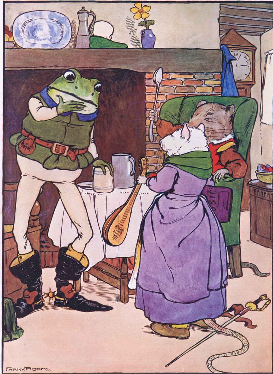 Pray Mistress Mouse, adna nekünk egy dalt, illusztrációt a „The Frog would a Wooing Go” című művéből, Charles H. Bennett, 1916 alkotó: Frank Adams
