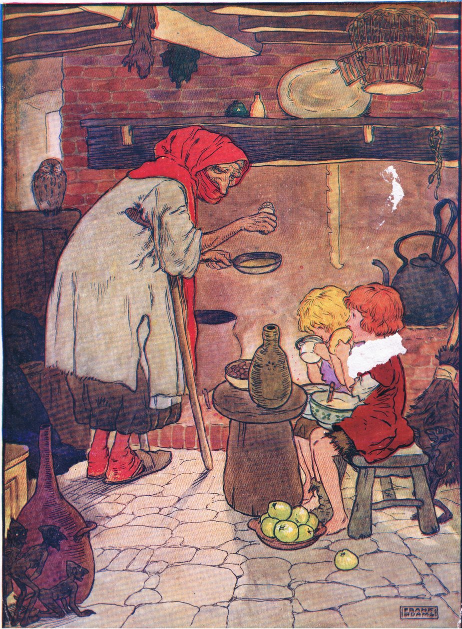 Bevezette őket, és gyönyörű vacsorát adott nekik a Blackie & Son Limited által kiadott Hansel and Greteltől, 1940 körül. alkotó: Frank Adams