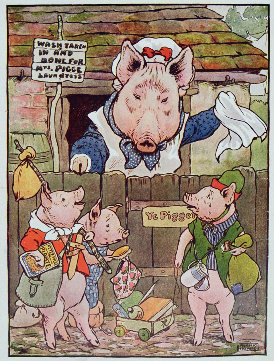 „Kidobta őket a házikóból, hogy megtalálják saját megélhetésüket” – az 1930-as években megjelent „A három kismalac” illusztrációja (színes litó) alkotó: Frank Adams