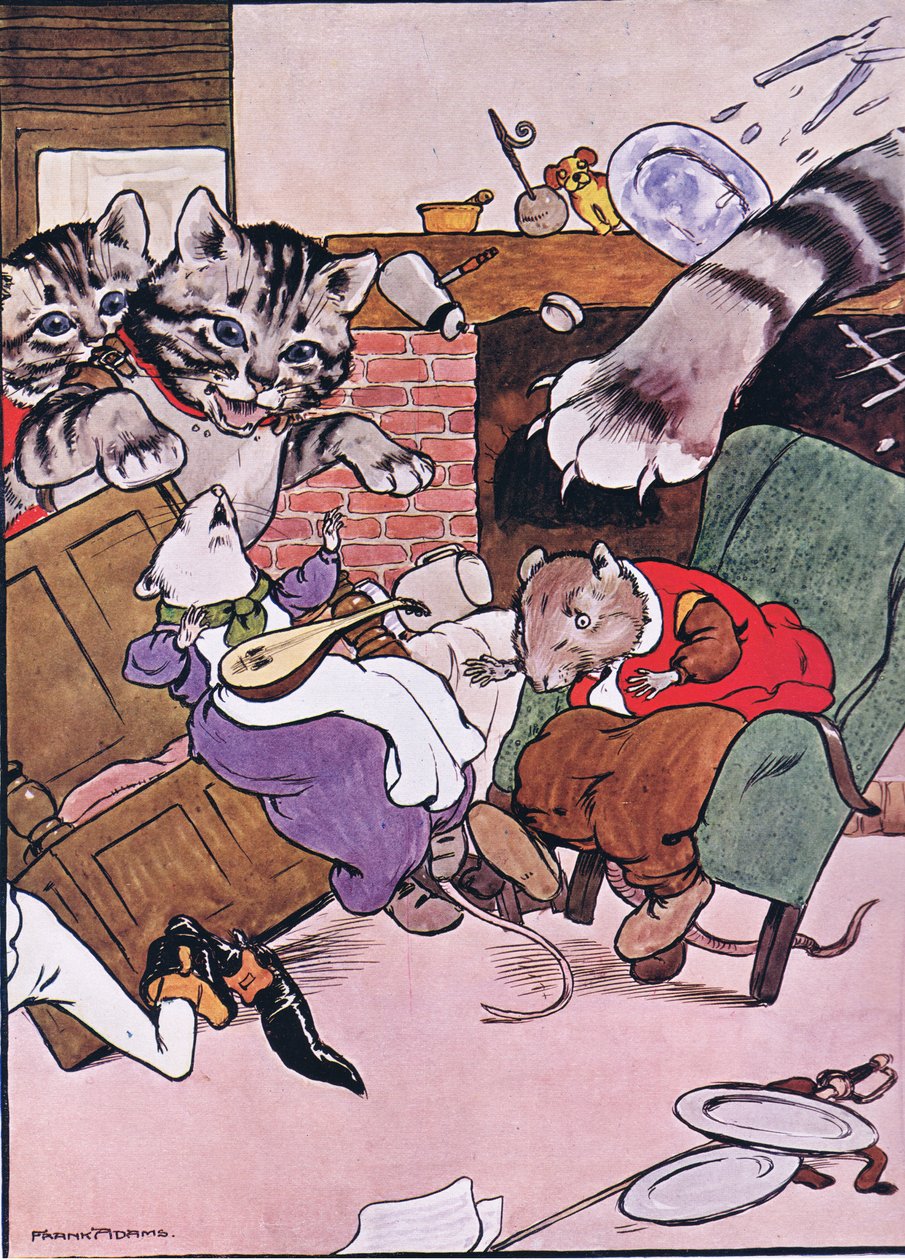 A macska és a cicái zúdultak be, illusztráció a „The Frog would a Wooing Go” című művéből, Charles H. Bennett, 1916 alkotó: Frank Adams