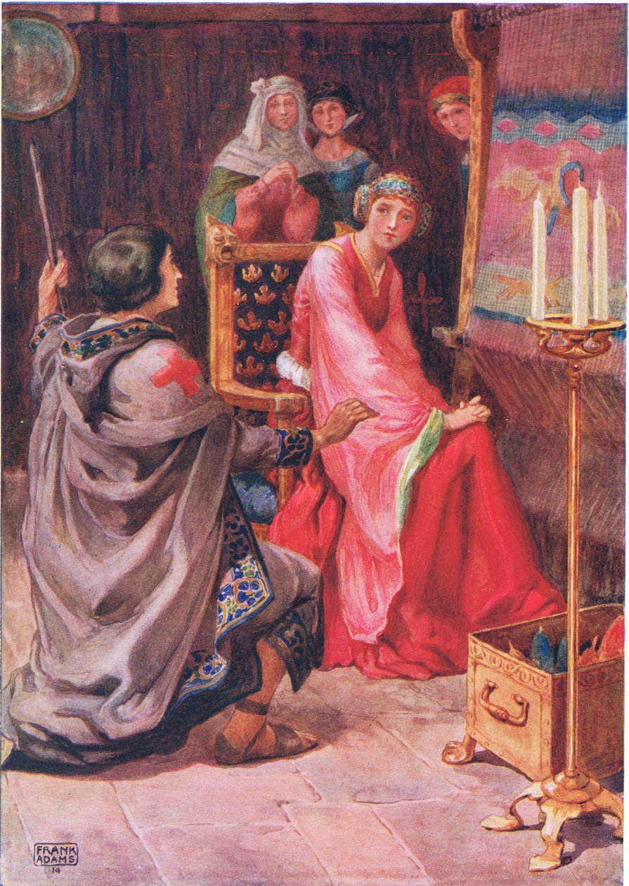„A zarándok és a királynő” Dante G. Rossetti (1828-82) „The Staff Scrip” című művéből, M. D. Belgrave és H. Hart „Gyermektörténetei a költőktől” című művében illusztrálva (színes litó) alkotó: Frank Adams