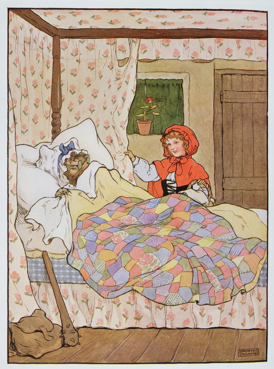 A farkas Piroska nagymamájának álcázza magát, illusztráció a "The Beautiful Book of Nursery Rhymes, Stories and Pictures" című könyvből, Frank Adams, kiadó: Blackie und Son. alkotó: Frank Adams