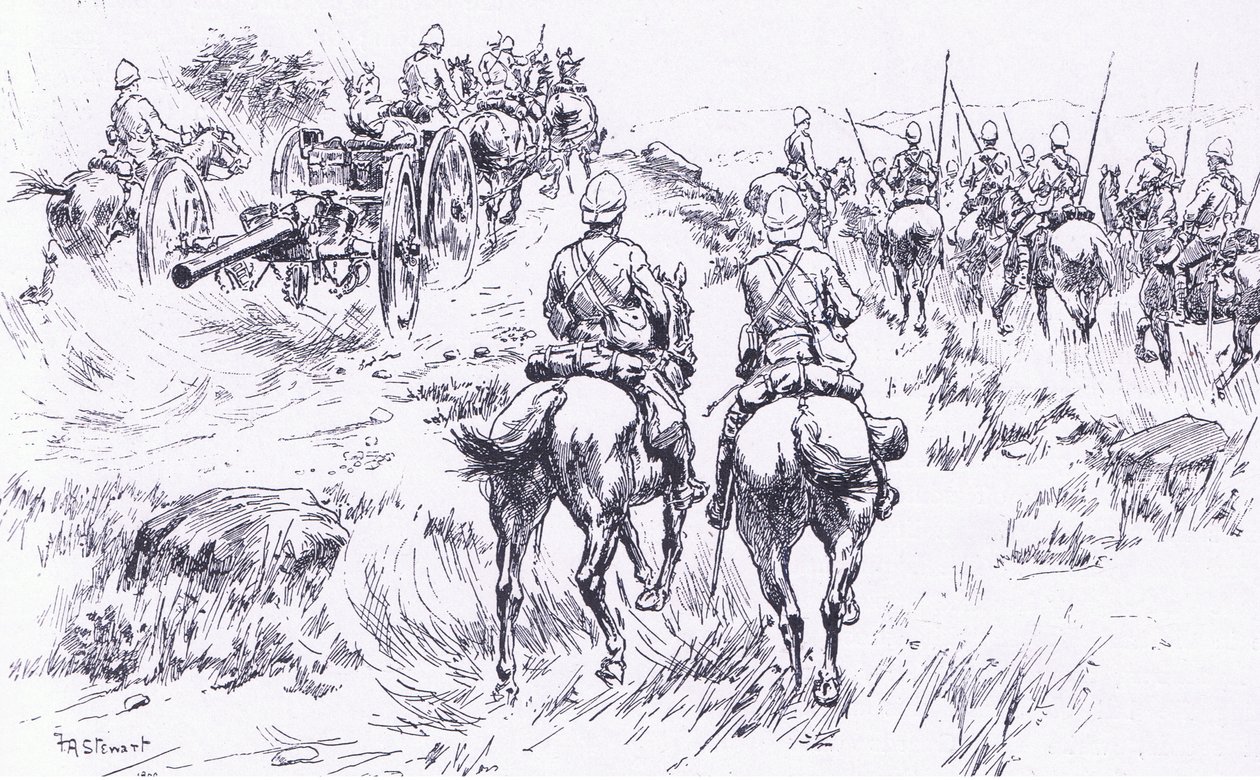 Bullers lovasság és tüzérség előrenyomulva Bergendalon, illusztráció: Pretoria után: A gerillaháború, 1902 alkotó: Frank Algenon Stewart