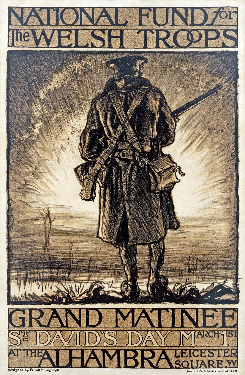 A walesi csapatok nemzeti alapja számára adománygyűjtő eseményt hirdető plakát, 1915. március 1., alkotó: Frank Brangwyn