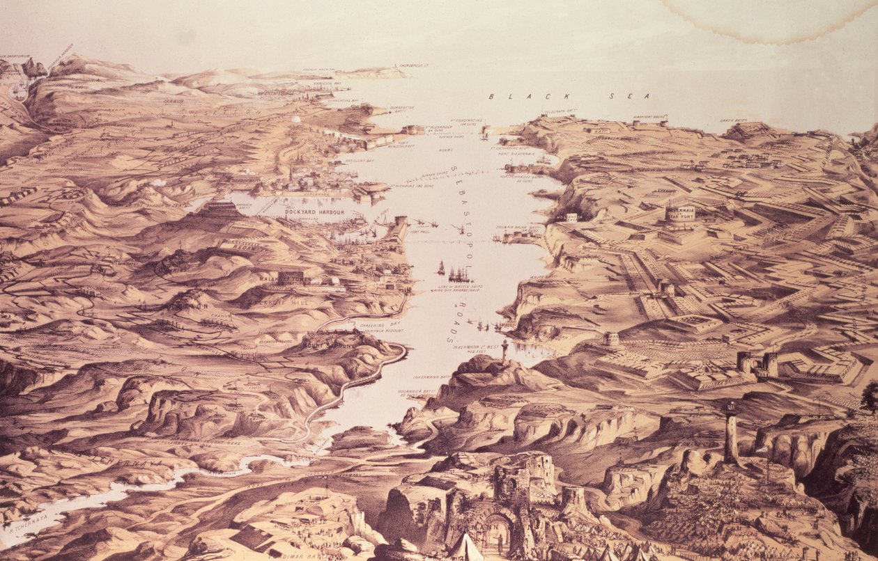Panorámás kilátás a Sebastopol kikötő északi és déli oldalára, tervezte és litografálta Thomas Packer, pub. Stannard és Dixon, 1855 alkotó: Frank C. Hughes