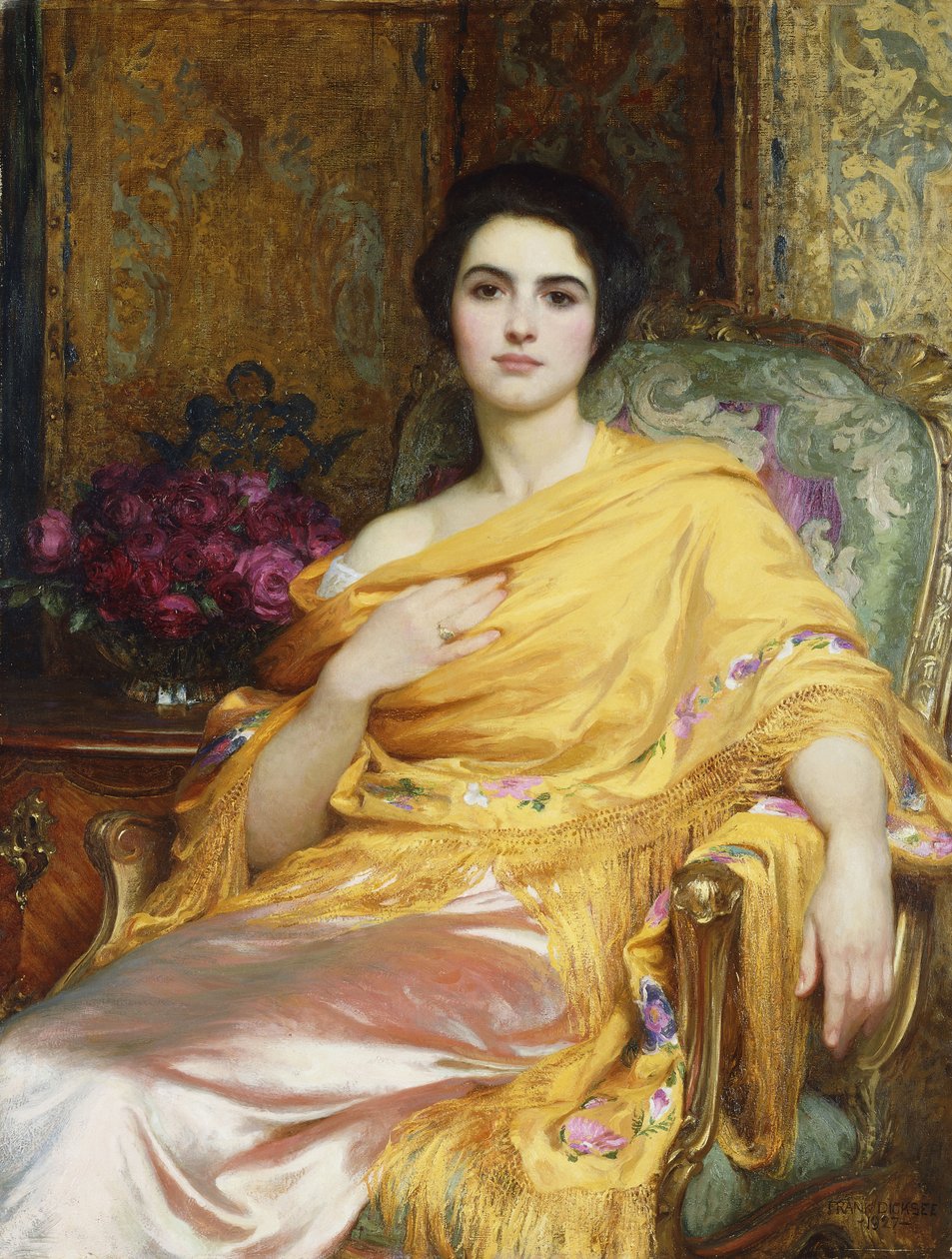 Elsa, William Hall lányának portréja, háromnegyed hosszú, rózsaszín ruhát és sárga pakolást visel ülve, 1927 alkotó: Frank Dicksee