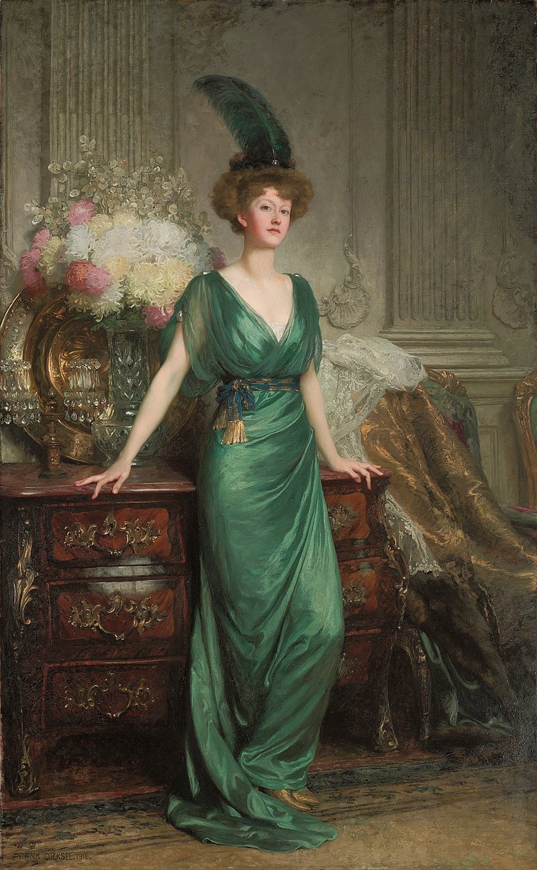 A honvéd arcképe. Mrs. Ernest Guinness, Állva, smaragdruhában és tollban, 1912 alkotó: Frank Dicksee
