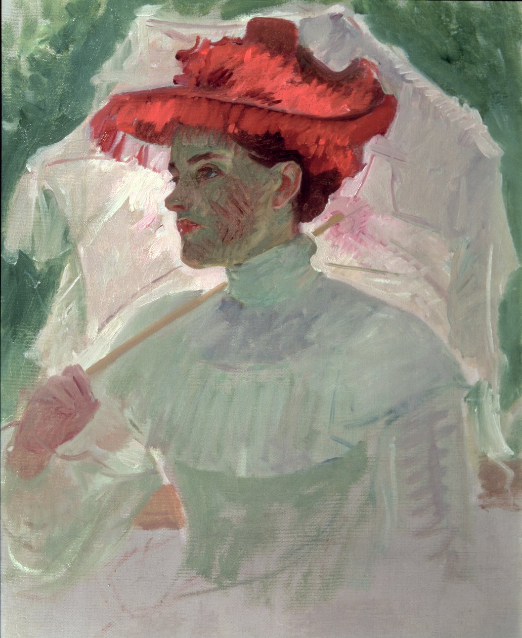Nő vörös kalappal és napernyővel alkotó: Frank Duveneck