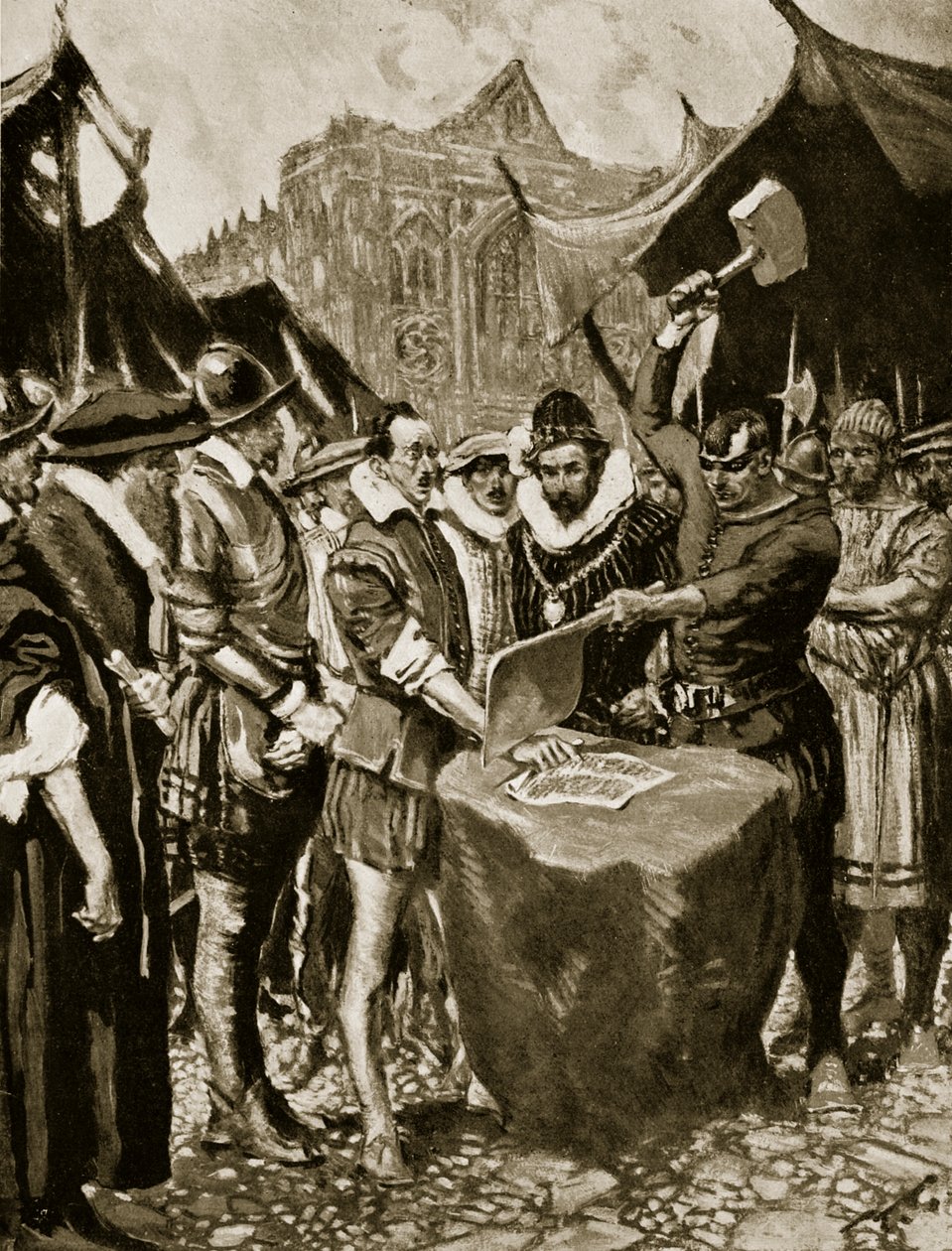 Stubbsnak levágták a kezét, 1521, illusztráció a „Hutchinson története a brit nemzetről”, 1923 körül alkotó: Frank Gillett