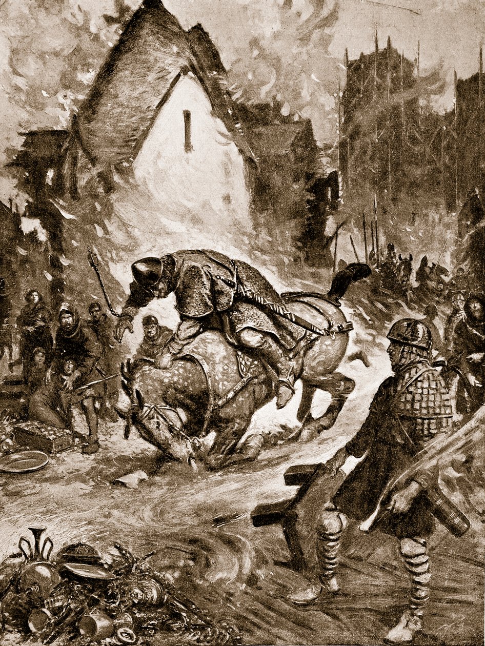 William halálosan megsérült Mantesben, illusztráció a „Hutchinson története a brit nemzetről”, 1920 körül alkotó: Frank Gillett