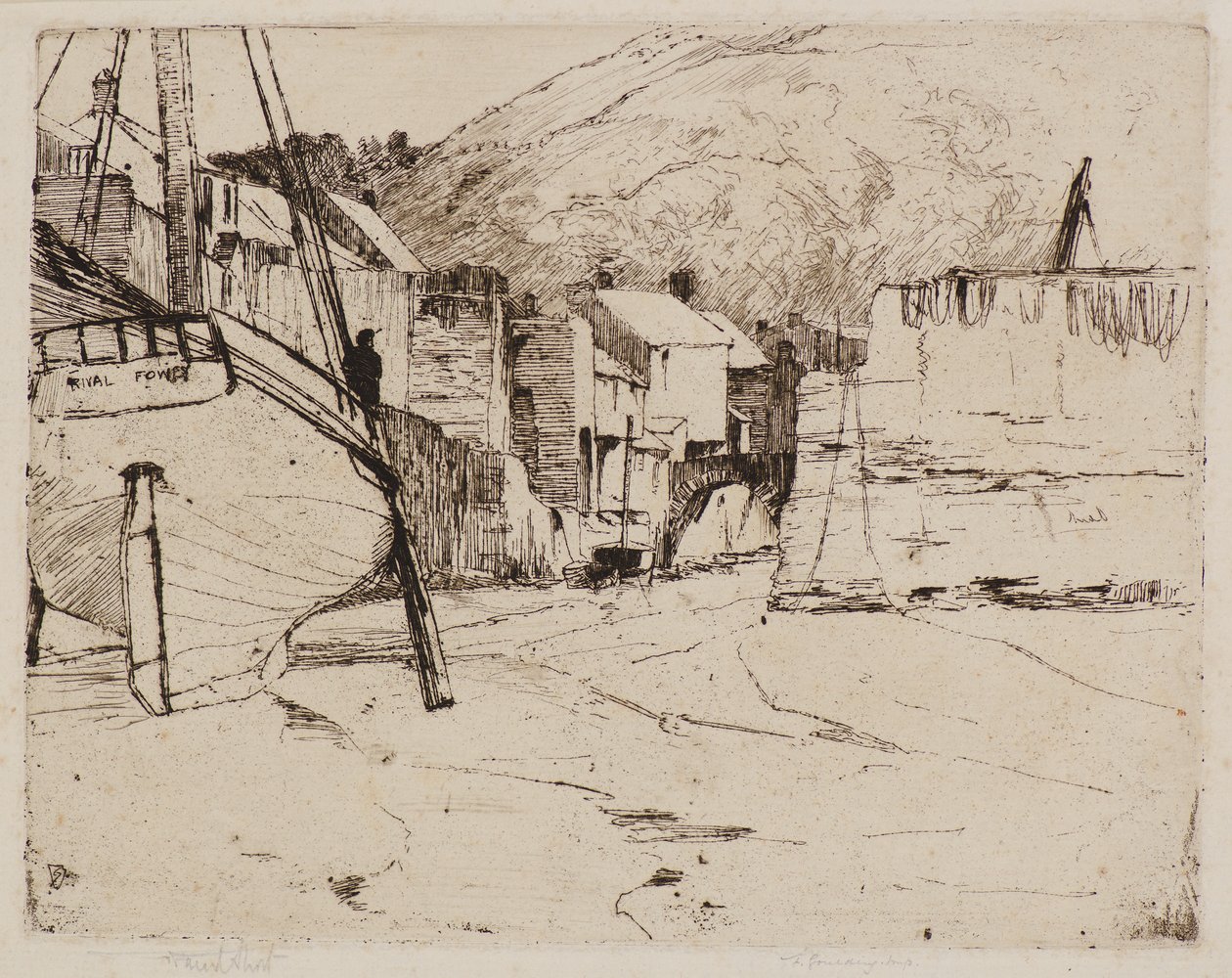 Polperro kikötő híddal (rézkarc) alkotó: Frank and Goulding Frederick Short