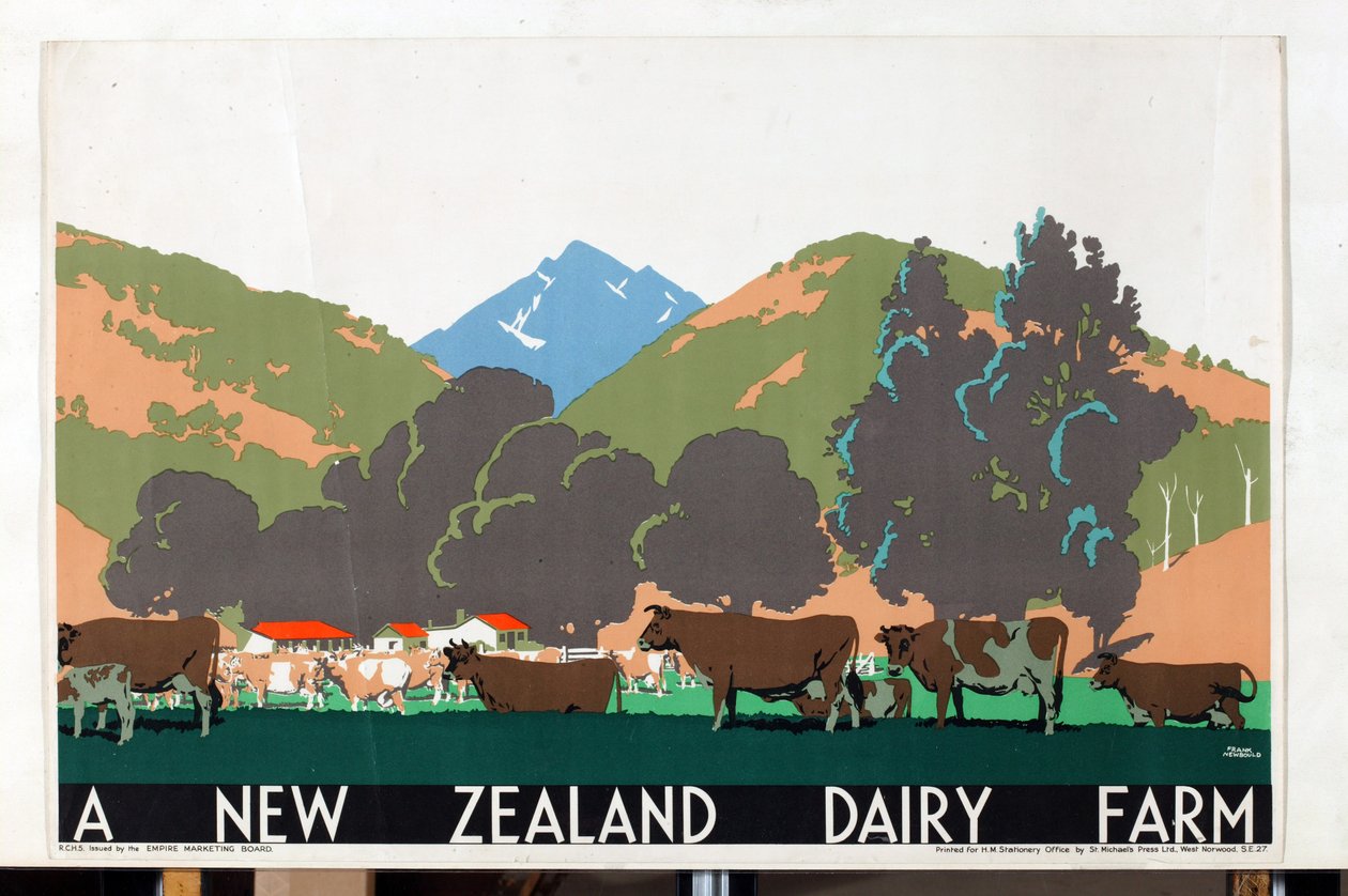 Egy új-zélandi tejfarm, a „Buy New Zealand Produce” sorozatból [6319386] (színes litho) alkotó: Frank Newbould