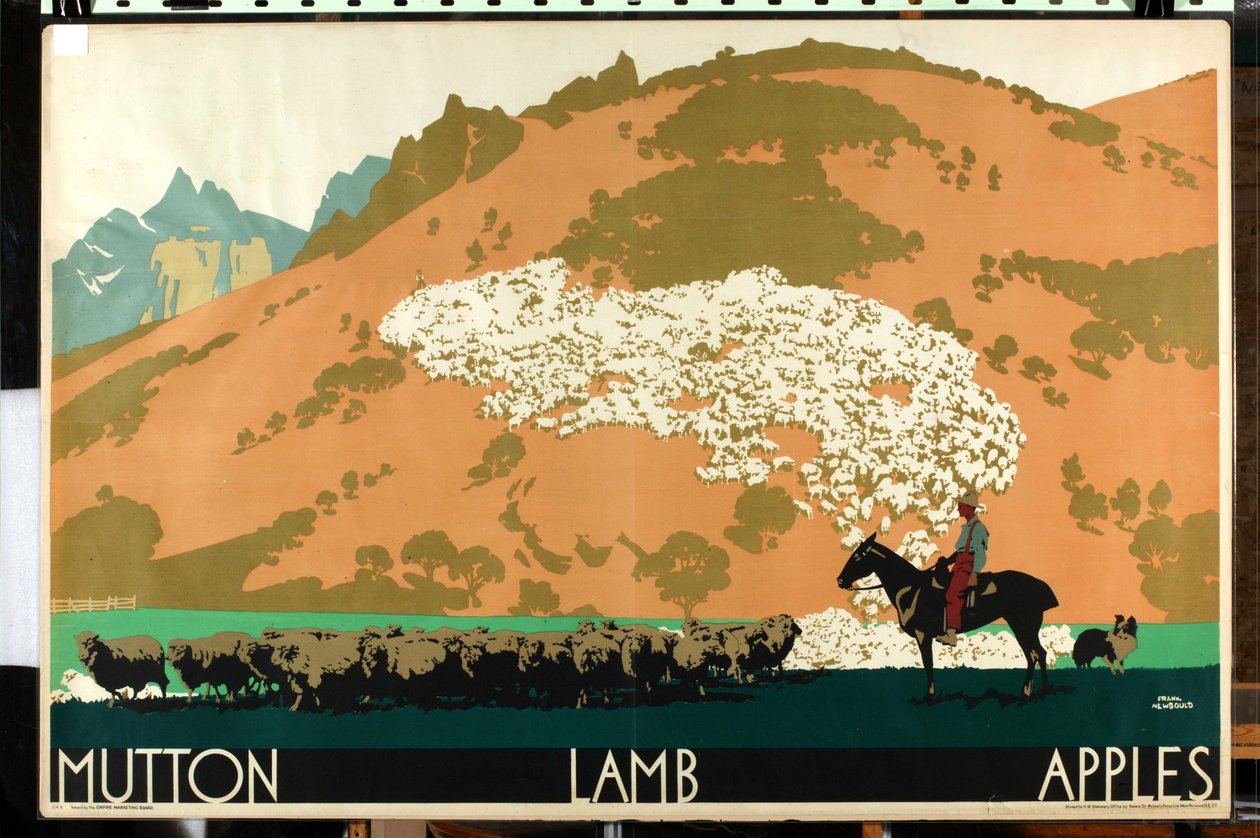 Birkahús – bárány – alma, a „Buy New Zealand Produce” sorozatból [6319386] (színes litho) alkotó: Frank Newbould
