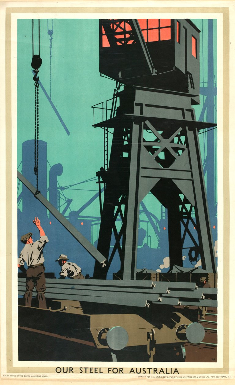 Acélunk Ausztráliának, az „Empire Buying Makes Busy Factories” sorozatból (színes litho) alkotó: Frank Newbould