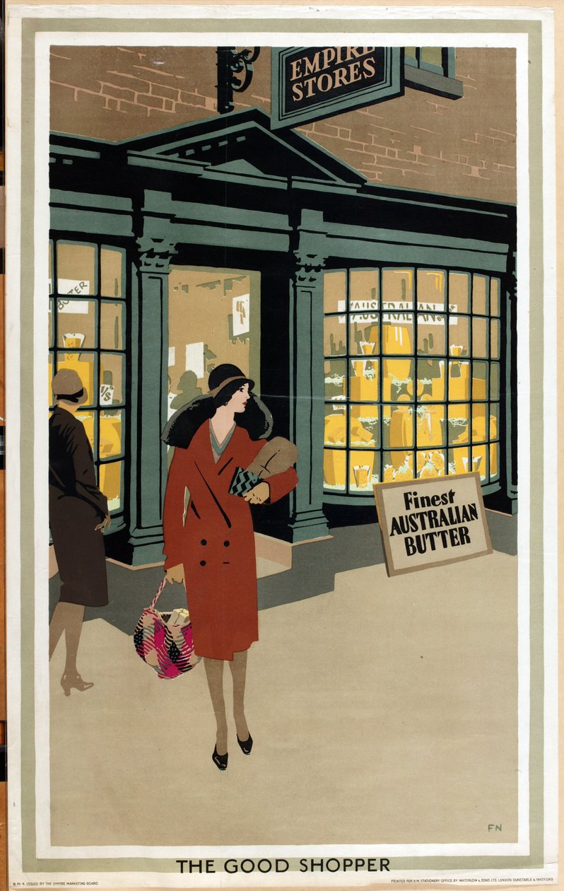 A jó vásárló, az „Empire Buying Makes Busy Factories” sorozatból (színes litho) alkotó: Frank Newbould