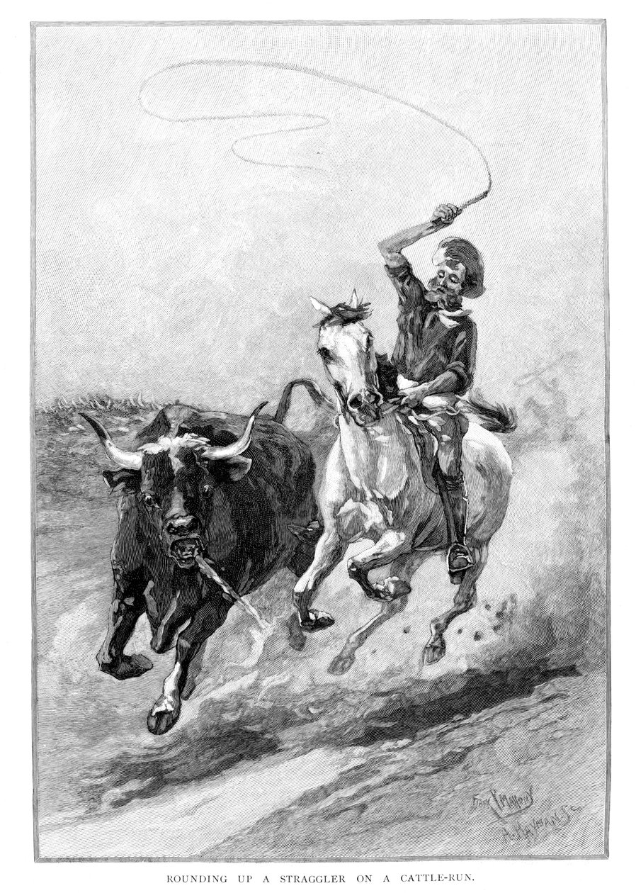 Egy szarvasmarha-futtatáson lévő vándor felkerekítése, Ausztrália, 1886 alkotó: Frank P. Mahony