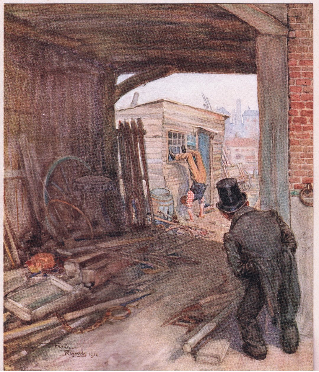 A célállomásra érkezve az első tárgy, ami a szemébe ötlött, egy pár nagyon tökéletlenül patkolt láb volt a levegőben, 1920 körül (színes litográfia). alkotó: Frank Reynolds
