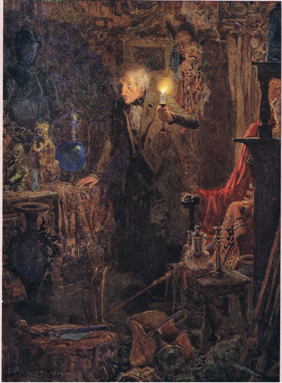 Egy kis öregember volt, hosszú ősz hajjal, akinek arca és alakja, ahogy a fényt a feje fölé tartotta és maga elé nézett, 1920 körül (színes litográfia). alkotó: Frank Reynolds