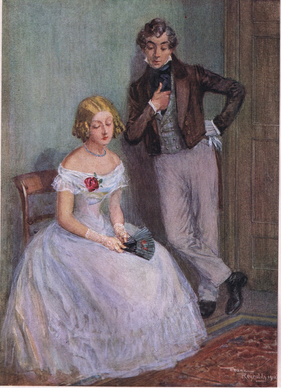 "Biztos vagyok benne, hogy nem tudom, mire gondol, Mr Swiveller" - mondta Miss Sophy lesütött szemmel , 1920 körül (színes litográfia). alkotó: Frank Reynolds