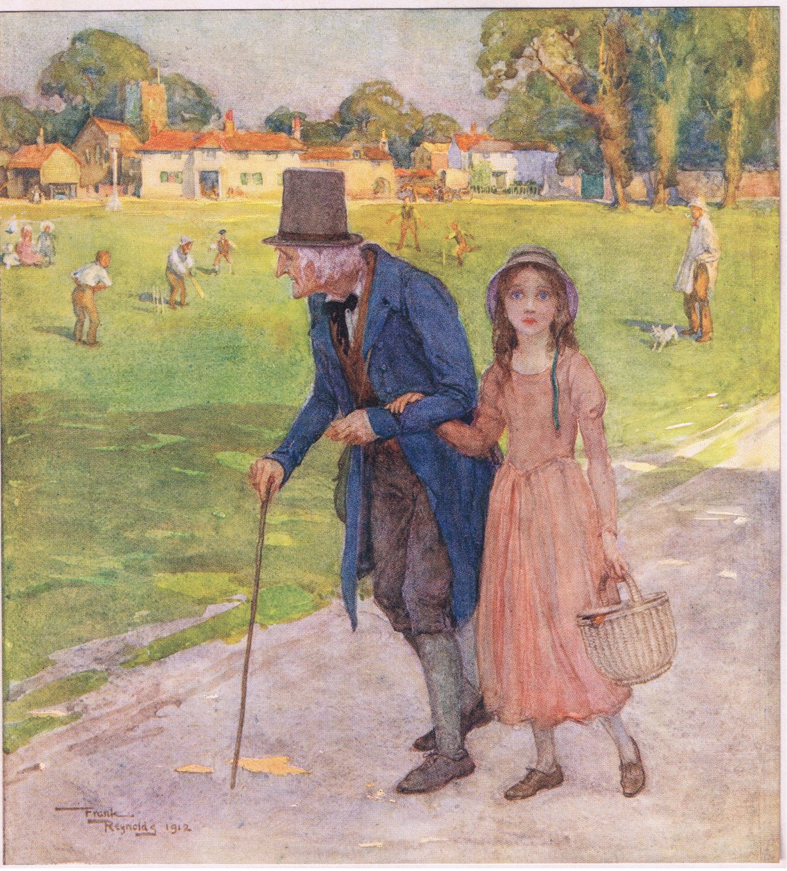 Nagyon kicsi hely volt. A férfiak és a fiúk kriketteztek a zöldön, 1920 körül (színes litográfia). alkotó: Frank Reynolds