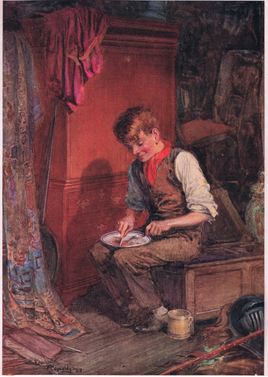 Kit egy nagy szelet kenyeret és húst vitt egy sarokba, és nagy mohósággal eltüntette azt, 1920 körül (színes litográfia). alkotó: Frank Reynolds