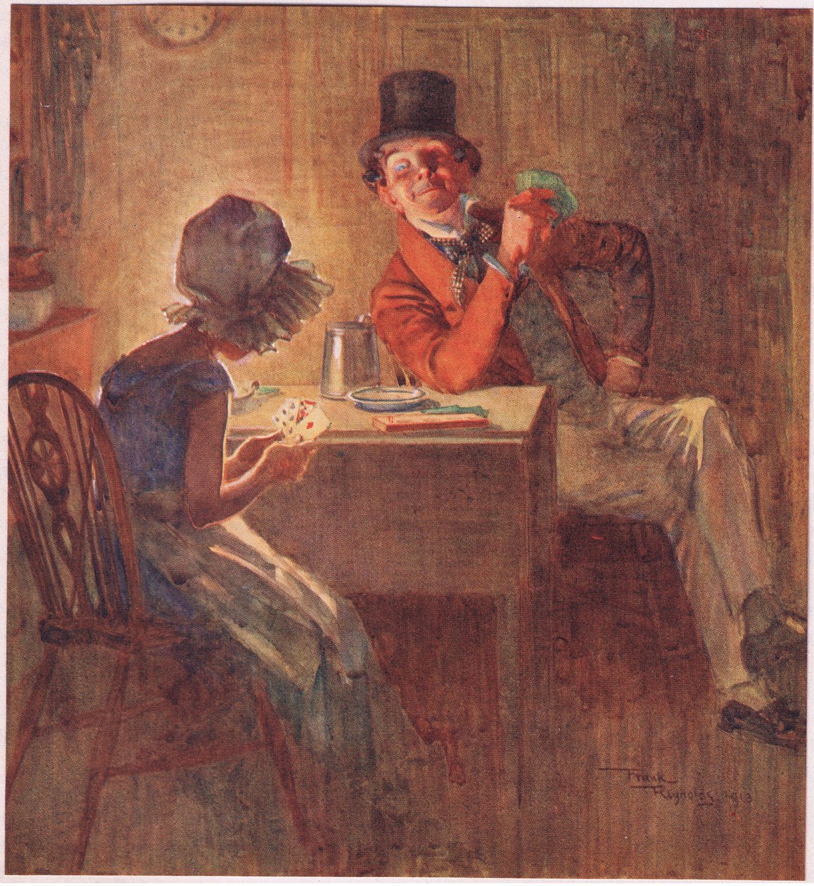 A márkinő nagyon szorosan tartja a kártyáit mindkét kezében, mérlegeli, hogy melyik kártyát játssza ki, 1920 körül (színes litográfia) alkotó: Frank Reynolds