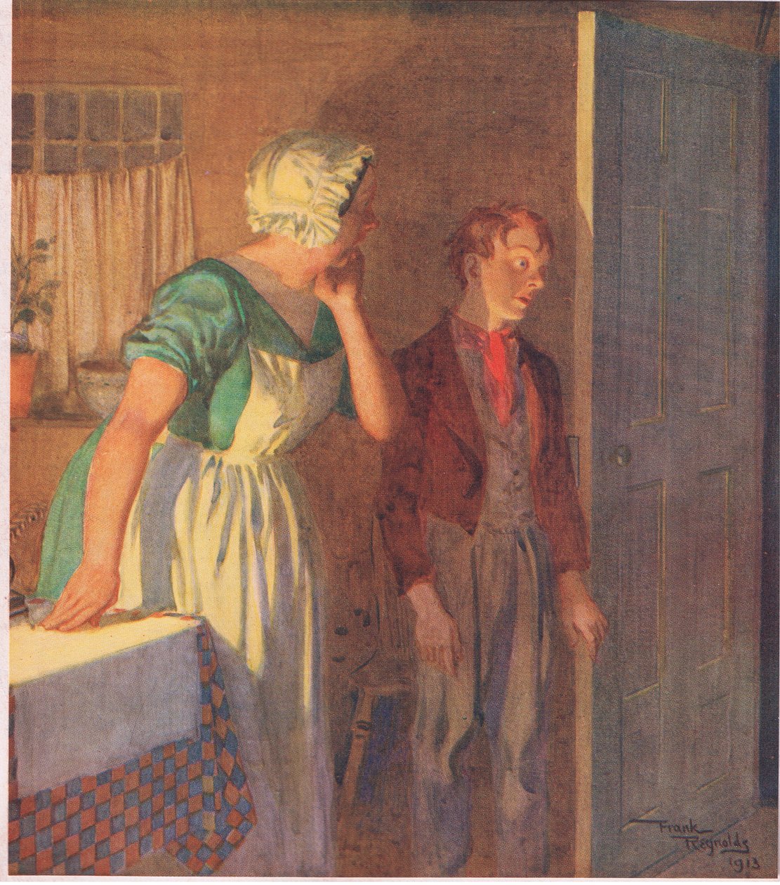 A gyermek az ajtóhoz sietett, és olyan gyorsan eltűnt, ahogy jött, 1920 körül (színes litográfia). alkotó: Frank Reynolds