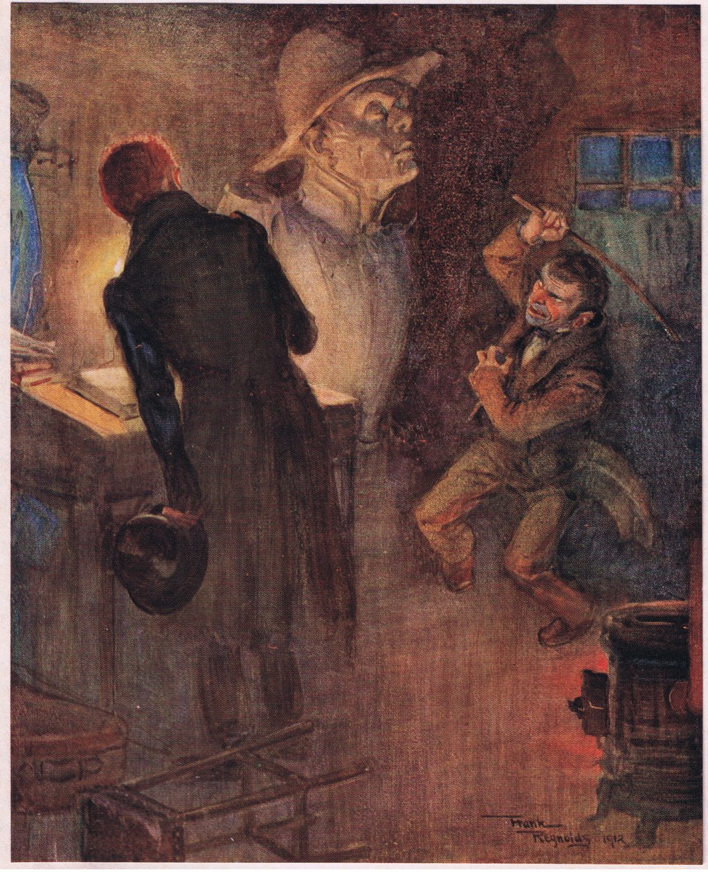 A törpe eldobta az újságot, amelyből a már idézett szavakat skandálta, és megragadott egy rozsdás vasrudat, 1920 körül (színes litográfia). alkotó: Frank Reynolds