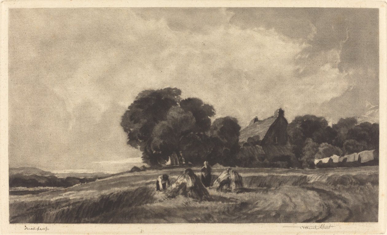 Víkendház és aratógépek, 1907. alkotó: Frank Short
