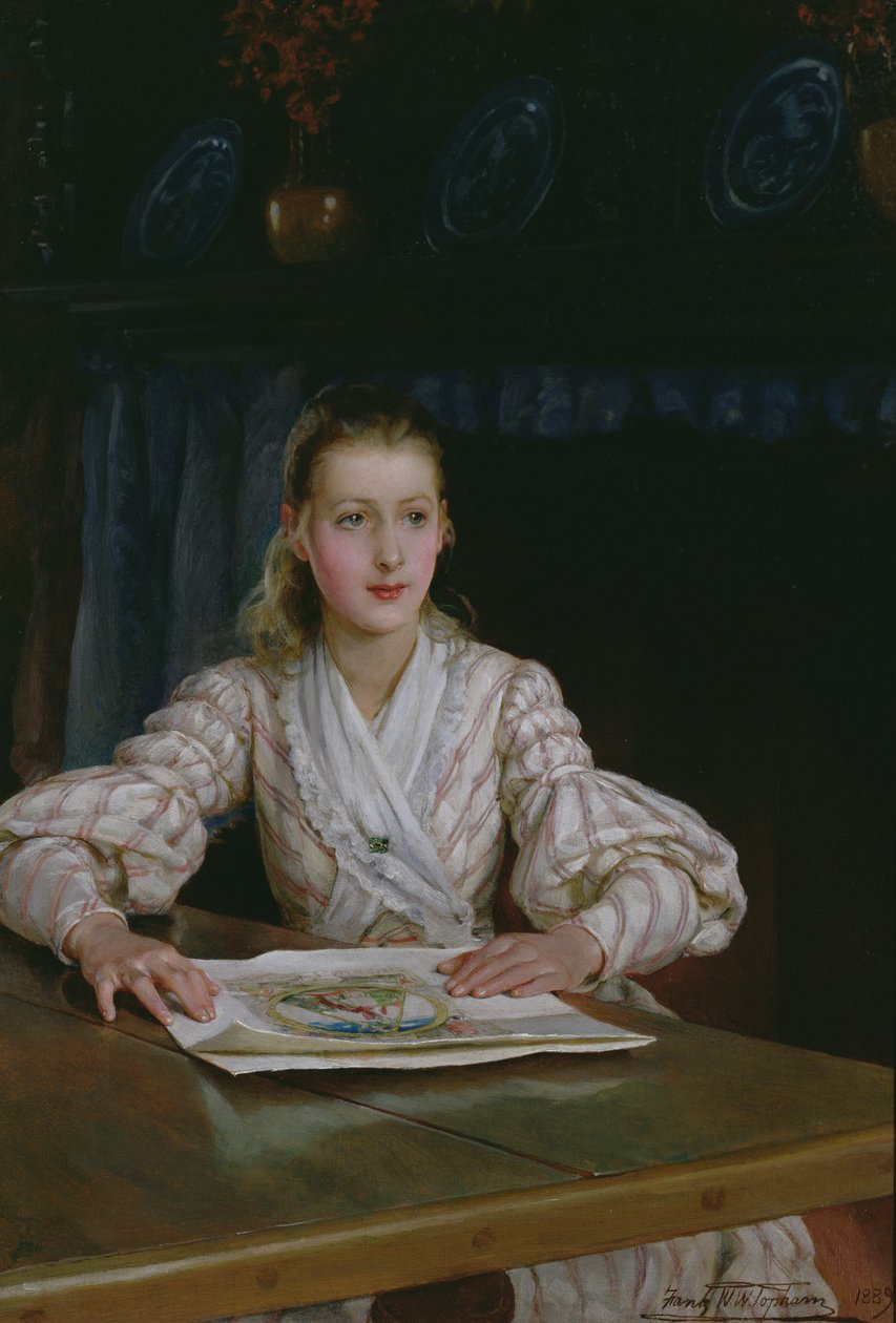 Fiatal lány nyomtatványt néz, 1889 alkotó: Frank William Warwick Topham