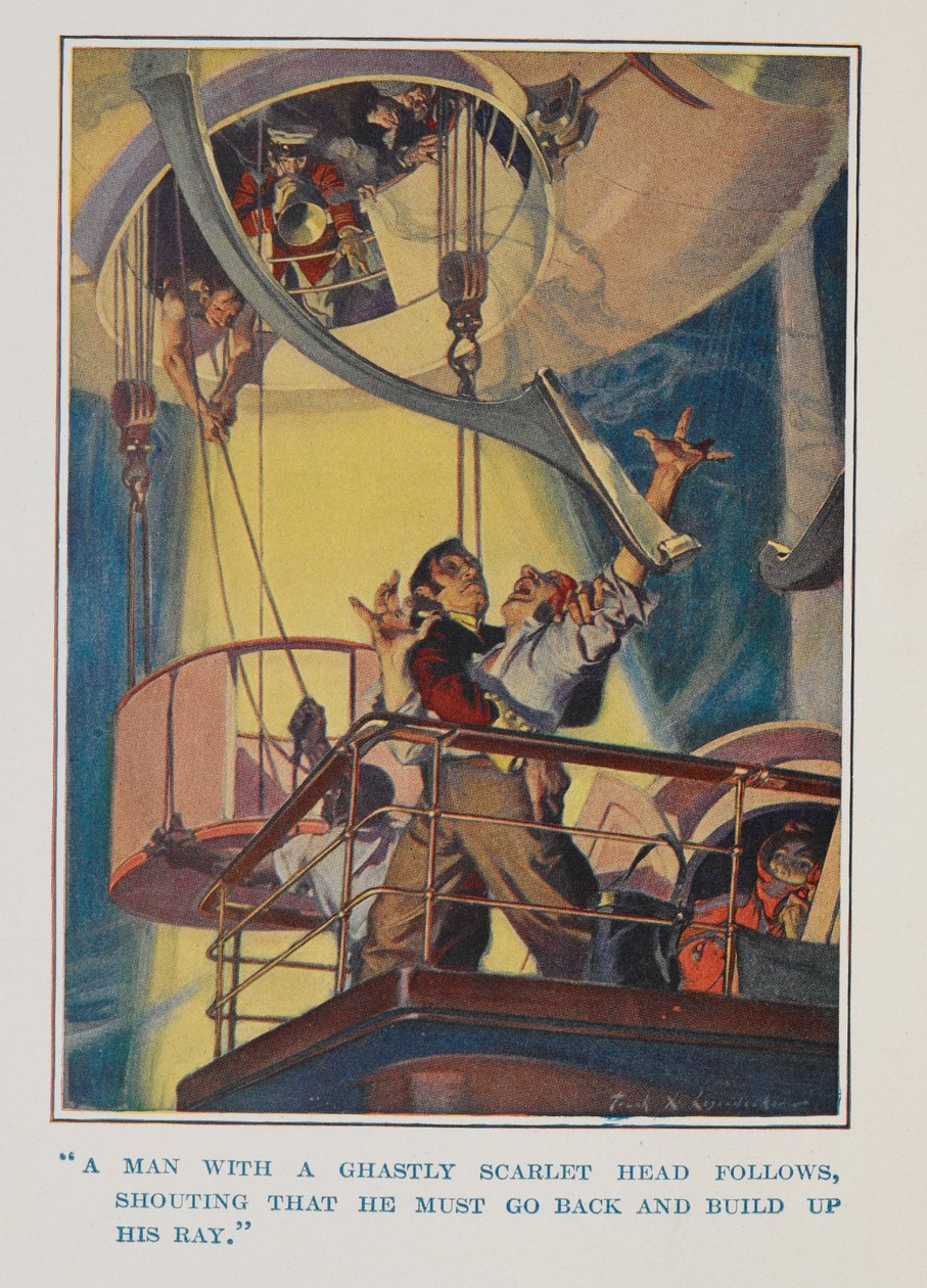 "Egy szörnyű fejű ember követi, kiabálva, hogy vissza kell mennie és fel kell építenie a sugarát." alkotó: Frank Xavier Leyendecker