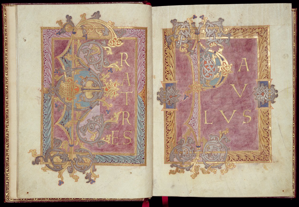 Ms McClean 30, ff.2v-3r: Kezdő oldalak Acanthus levelekkel keretezve, a Reichenau Epistolary-ból, 10. század vége (arany tinta és tempera pergamenen) alkotó: Frankish School