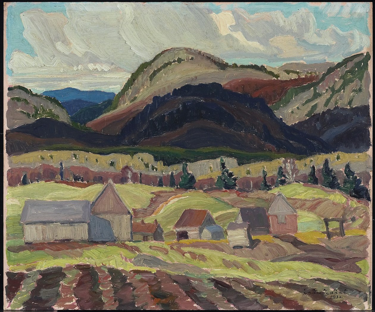 Farm Buildings, La Cloche, 1932 (olaj, laminált karton) alkotó: Franklin Carmichael