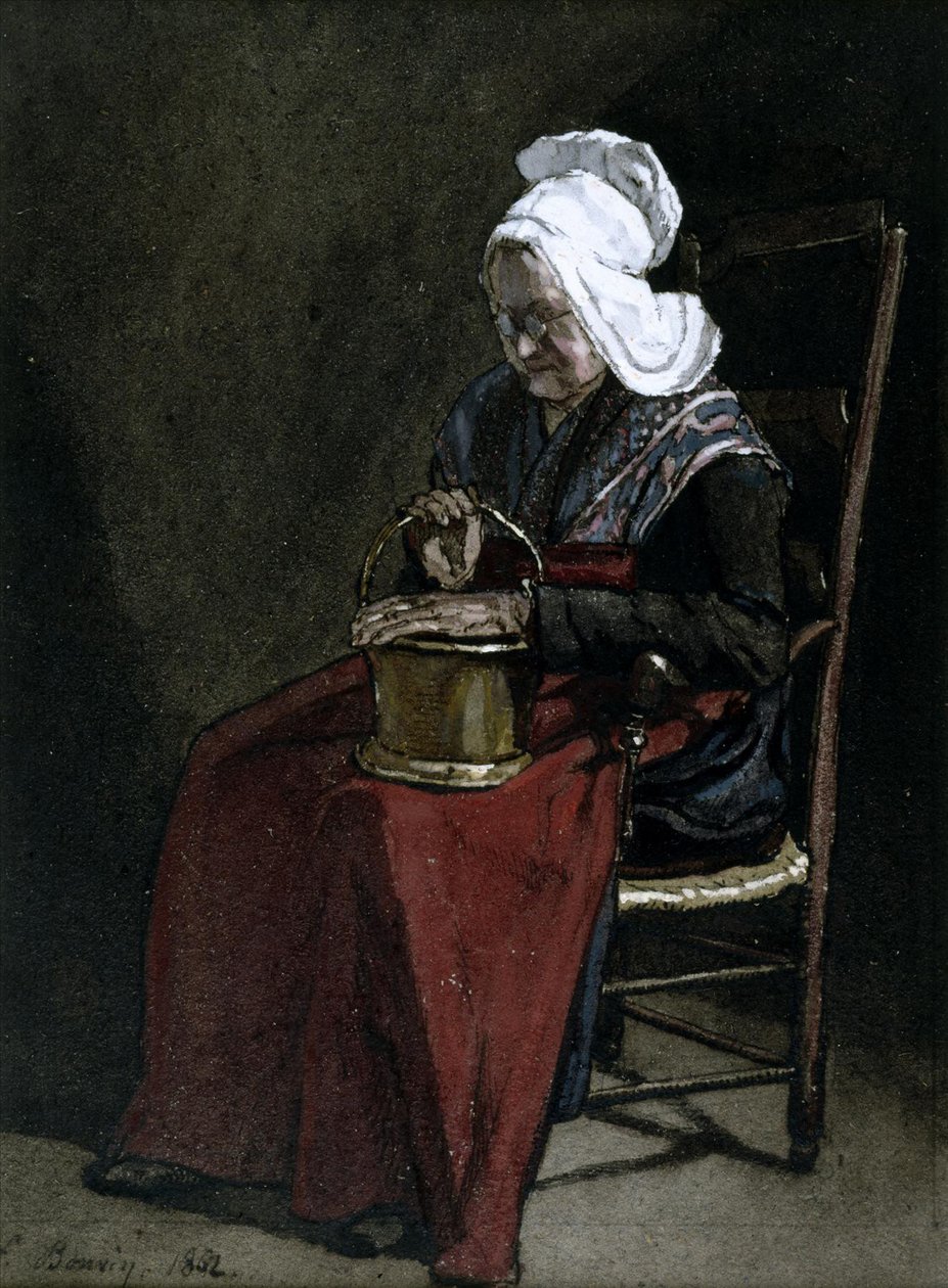 Öregasszony sárgaréz edénnyel, 1862 (wc, toll, tinta és ceruza papíron) alkotó: François Bonvin