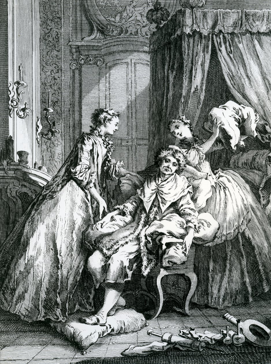 Jelenet Moliere „Le Malade Imaginaire” című művéből, Charles Jean Louis Courty metszetében, 1872 körül alkotó: François Boucher