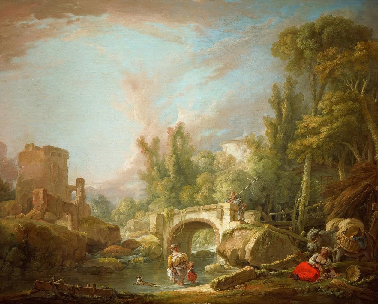Folyói táj romokkal és híddal alkotó: François Boucher