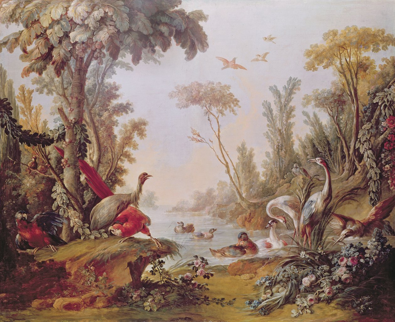 Tó libákkal, gólyákkal, papagájokkal és gémekkel, Gilles Demarteau szalonjából (1722-76) 1750-65 körül alkotó: François Boucher