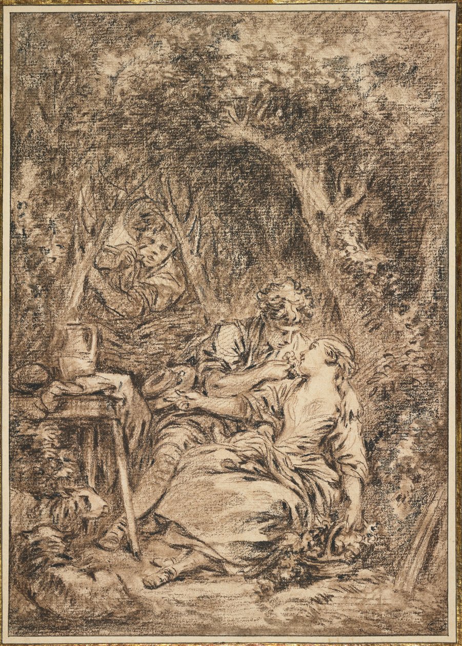 Lovers Surprised (Annette et Lubin), 1760-as évek eleje (barna és fekete kréta, barna mosás érintése) alkotó: François Boucher