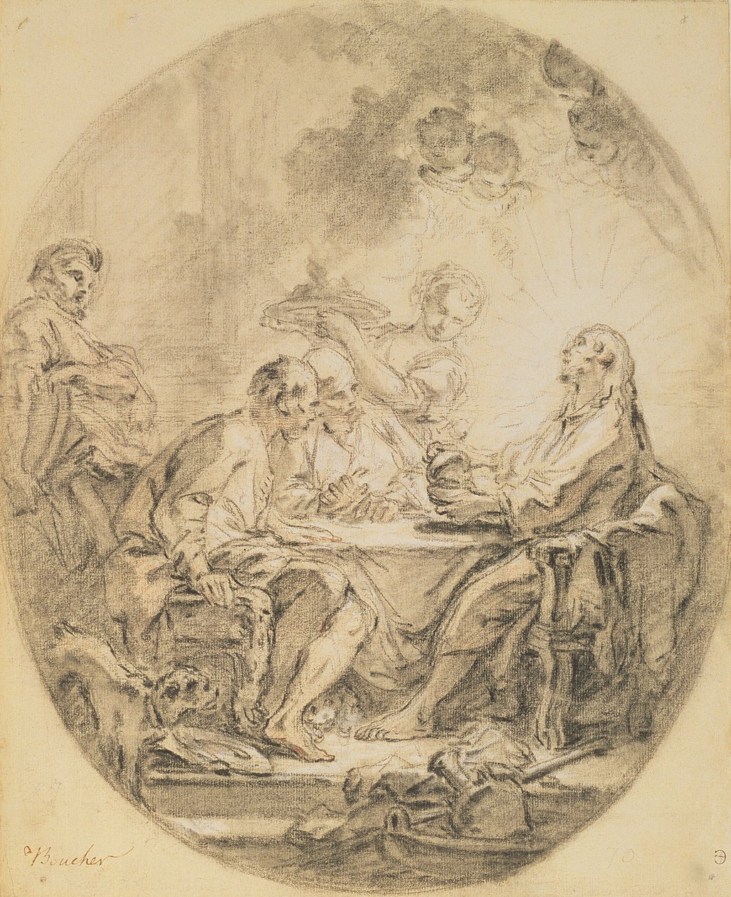Zarándokok Emmausban (fekete-fehér kréta és szangvinikus) alkotó: François Boucher