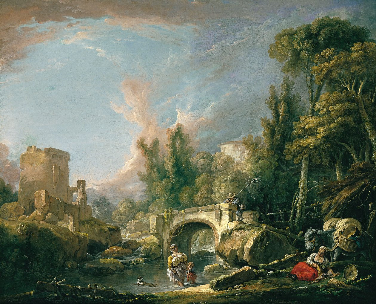 Folyami táj romokkal és híddal alkotó: François Boucher
