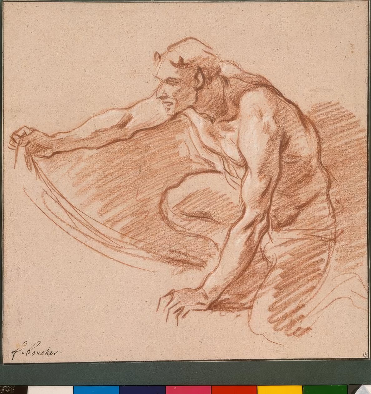 Szatír, kezében drapériával alkotó: François Boucher