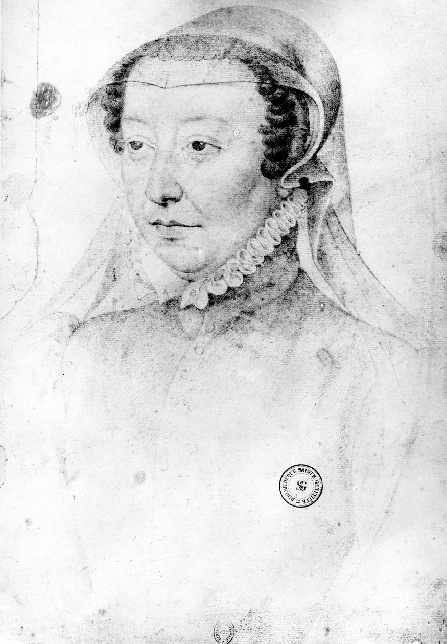 Catherine de Medici, 1560 körül (fekete kréta és vörös kréta papíron) alkotó: François Clouet