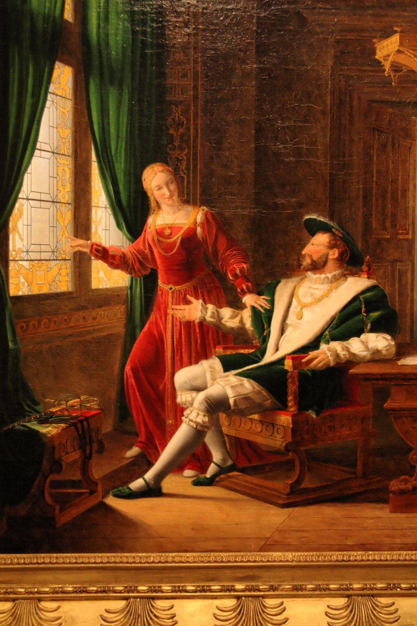 I. Ferenc megmutatja nővérének, Marguerite de Navarre-nak a verseket, amelyeket most írt egy pohárra a gyémántjával alkotó: François Fleury Richard