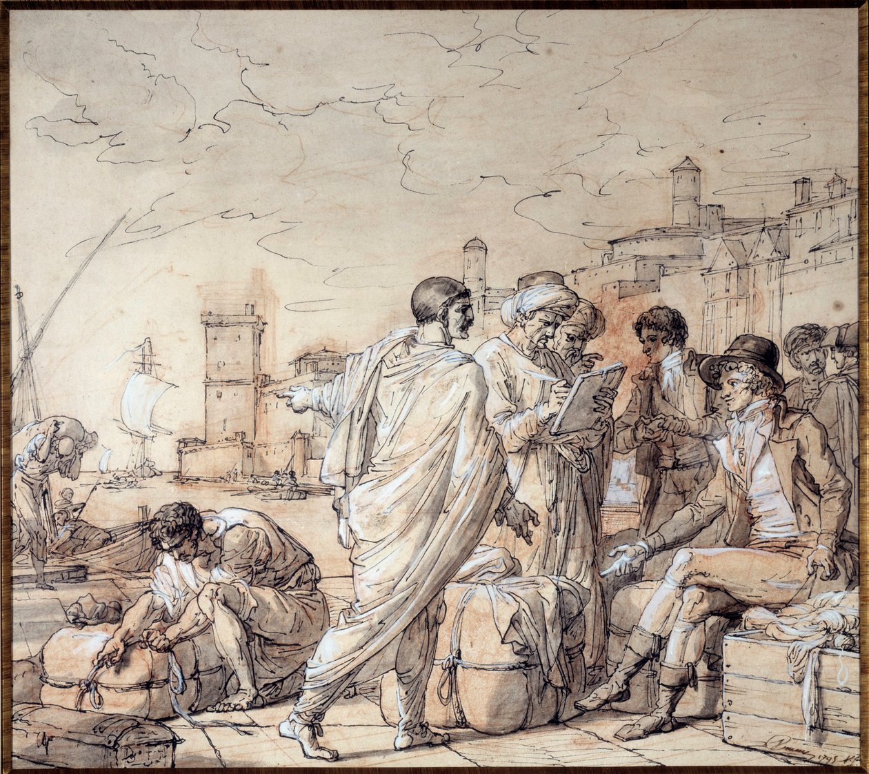 Tárgyalók a marseille-i kikötő dokkjain Francois Andre Vincent rajza (1746-1816) 18. századi marseille-i tengerészeti múzeum alkotó: François André Vincent