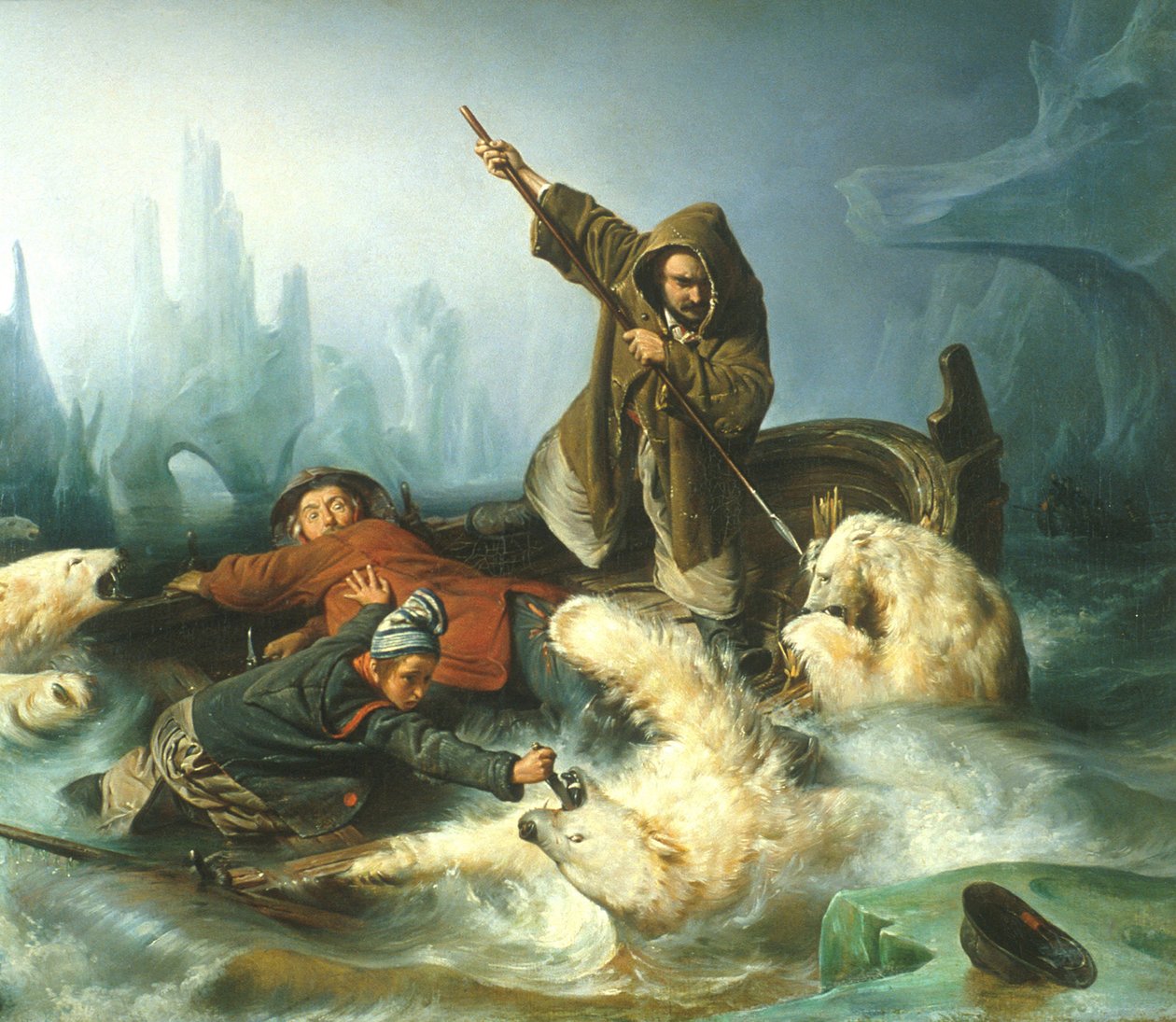 French: Battez les ours polaires / Vadászat a jegesmedvékre Fight with Polar Bears alkotó: François Auguste Biard