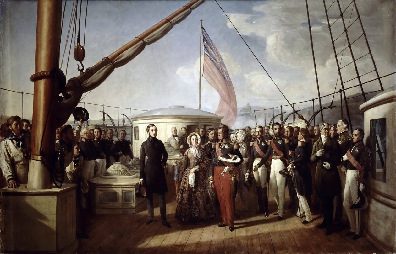 Viktória királynő átvette I. Lajos Fülöp királyt a Royal Yacht fedélzetén, 1843. szeptember 2-án alkotó: François Auguste Biard