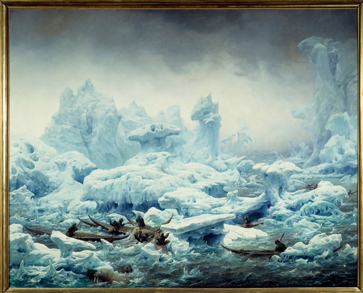 Kilátás a jeges óceánra, a grönlandiak rozmárhalászata Francois Auguste Biard (1799-1882) festménye 1841 V. 1,3x1,63 m Dieppe, musee du chateau - Rozmár halászata a Jeges-tengeren. Kilátás a Sarki-tengerre, a grönlandiak rozmárra vadásznak. Festés által alkotó: François Auguste Biard
