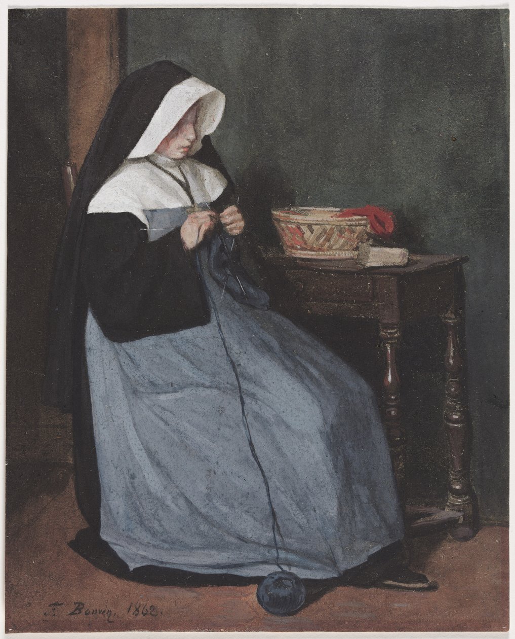 Egy asztalnál ülő apáca köt, 1862. alkotó: François Bonvin