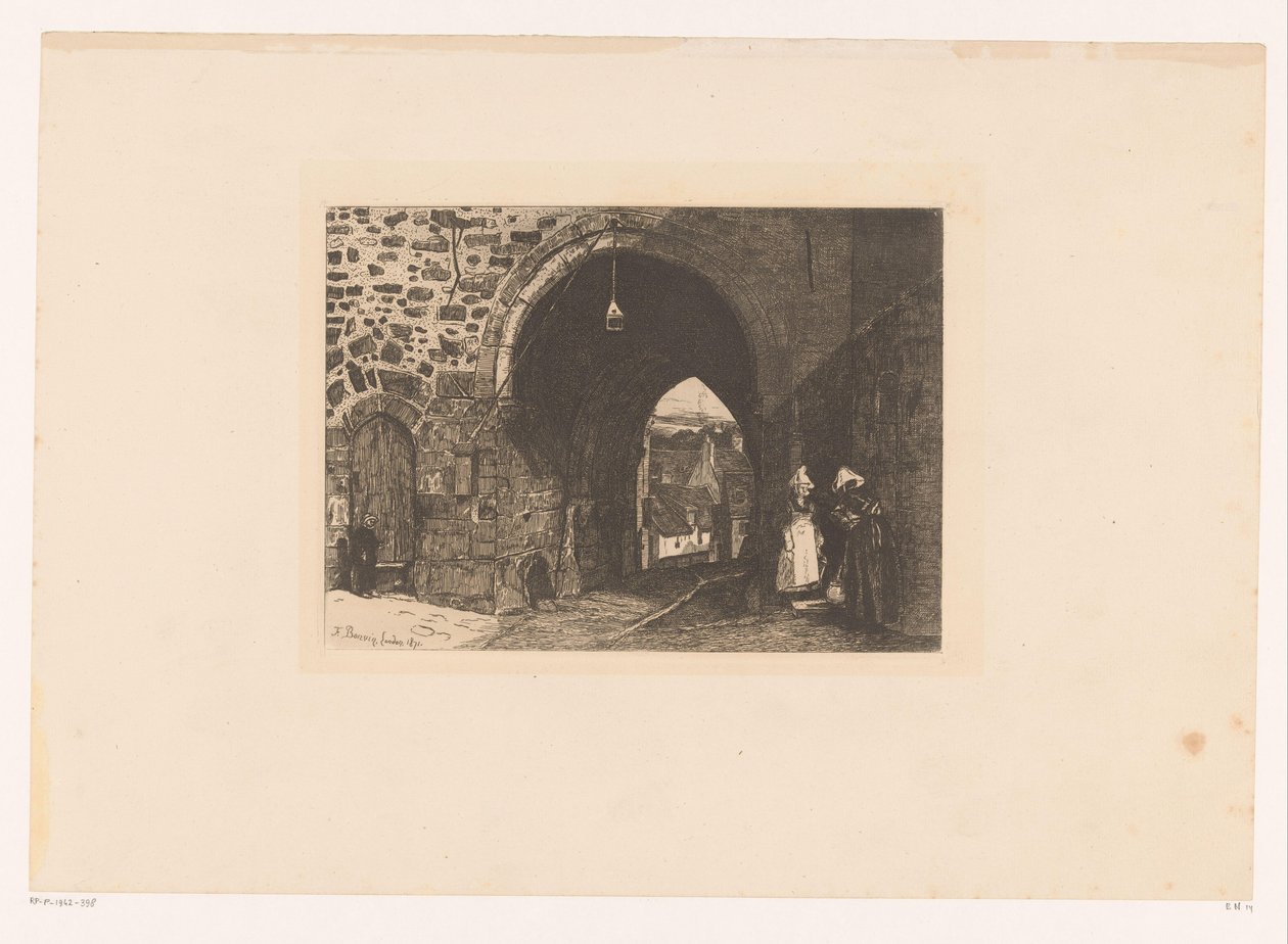 Gezicht op de Porte de St. Malo te Dinan Tíz rézkarc, rajzolta és metszett: F. Bonvin, festő (sorozat címe) alkotó: François Bonvin